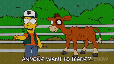 Bart Simpson Talking To A Calf Saying Anyone Want To Trade GIF