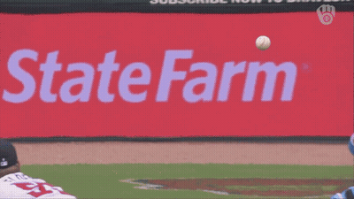 Baseball Catcher Catches Ball In Front Of State Farm Ad GIF