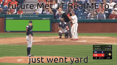 Baseball Game In Front Of Green Screen Saying Future Met JT Realmeto Just Went Yard GIF