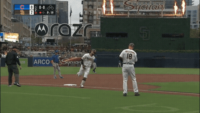 Baseball Game In Front Of Sycuan Sign GIF