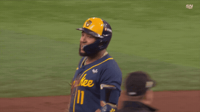 Baseball Player In Blue And Yellow Uniform Number 11 GIF