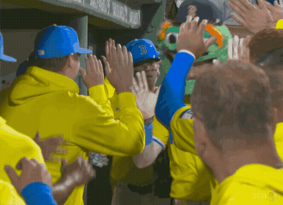 Baseball Player In Blue Hat With B Giving High Five GIF