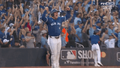 Baseball Player In Blue Jays Jersey Celebrating GIF