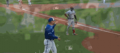 Baseball Player In Blue Jays Uniform Talking To Referee GIF