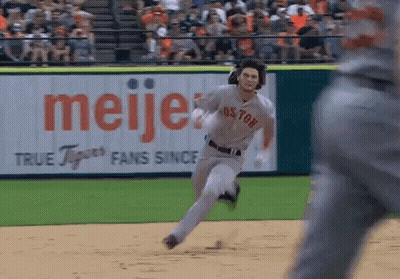 Baseball Player In Boston Uniform Running Toward Meijer Sign GIF
