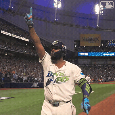 Baseball Player In Devil Rays Uniform Holding Up Hand GIF