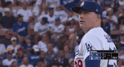 Baseball Player In LA Jersey In Front Of Crowd GIF