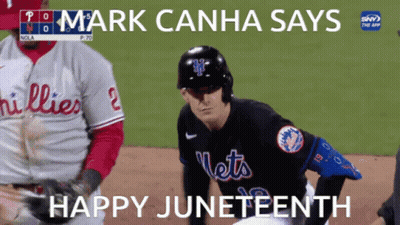 Baseball Player In Mets Jersey Says Happy Juneteenth GIF