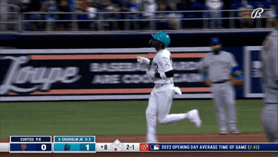 Baseball Player In Miami Jersey Runs To Base GIF