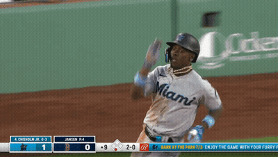 Baseball Player In Miami Jersey Runs To Base GIF