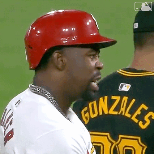 Baseball Player In Red Helmet Talking To Gonzales GIF