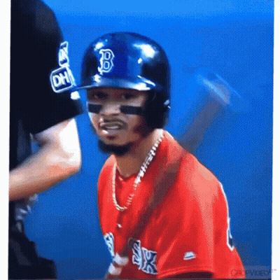 Baseball Player In Red Jersey And Blue Helmet With Letter B GIF