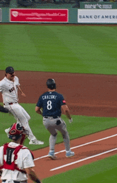 Baseball Player In Red Sox Shirt Talking To Another Player GIF