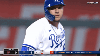 Baseball Player In Royals Uniform In Front Of Scoreboard GIF