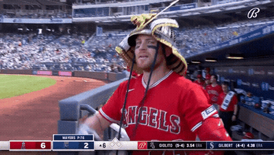 Baseball Player In Samurai Hat In Dugout GIF