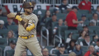 Baseball Player In San Diego Uniform Swinging Bat GIF