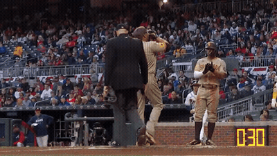 Baseball Player In San Diego Uniform Talking To Referee GIF