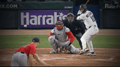 Baseball Player Number 10 Swinging At Pitch GIF