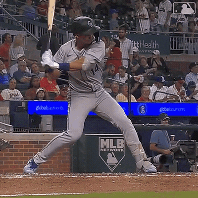 Baseball Player Number 14 Swinging At Pitch GIF