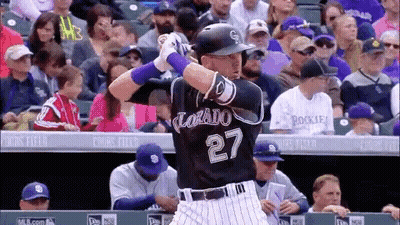Baseball Player Number 27 Swinging At Pitch GIF