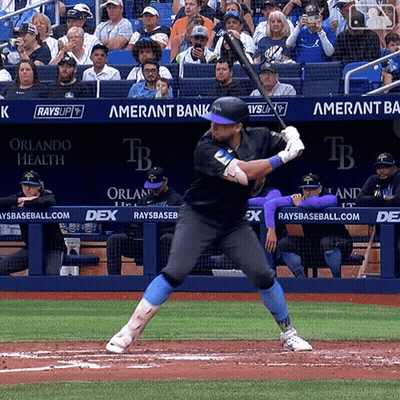 Baseball Player Ready To Swing At Ball Under Ameriant Bank Banner GIF