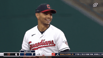 Baseball Player Smiles In Guardians Jersey GIF