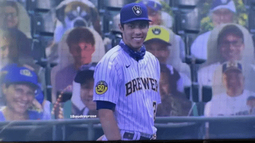 Baseball Player Smiling In Brewers Jersey GIF