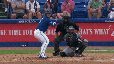 Baseball Player Swinging At Ball In Front Of Bluejays.com Banner GIF