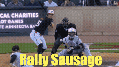 Baseball Player Swinging At Ball Rally Sausage GIF
