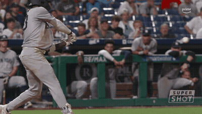 Baseball Player Swinging At Ball Saying Super Shot GIF