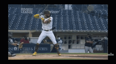 Baseball Player Swinging At Pitch Near Rocket League Sign GIF