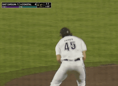Baseball Player Swinging Bat At Ball In Front Of SBC Banner GIF