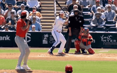 Baseball Player Swinging Bat While Catcher Watches GIF