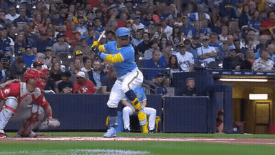 Baseball Player Swinging Bat With Catcher Watching GIF
