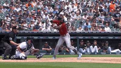 Baseball Player Swings Bat At Pitch With Tigers Crowd GIF