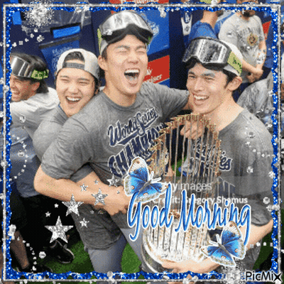 Baseball Players Holding Trophy Saying Good Morning GIF