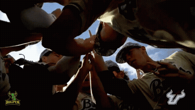 Baseball Players Huddle With Bullpen Logo GIF