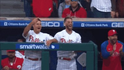 Baseball Players In Dugout With Phillies Jersey GIF