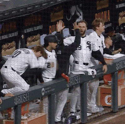 Baseball Players In Dugout With Rush Sign GIF