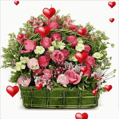 Basket Filled With Pink And Green Flowers And Hearts GIF