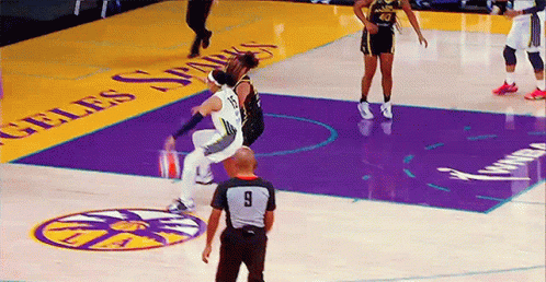 Basketball Game On Purple And Yellow Court GIF