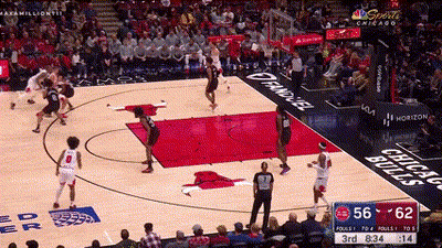 Basketball Game With Bulls Logo On Court GIF