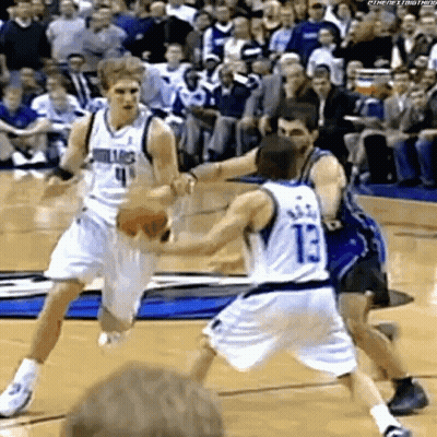 Basketball Player In Dallas Jersey Blocking Player In Jersey 13 GIF
