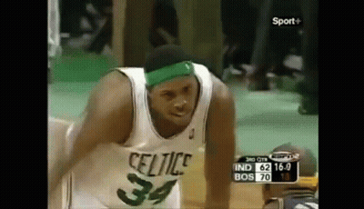Basketball Player In Green Headband And Celtics Jersey Sitting GIF