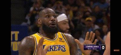 Basketball Player In Lakers Jersey Talking To Another Player GIF