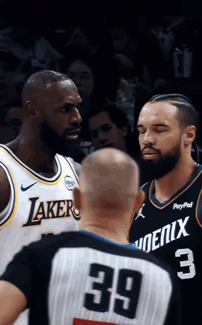 Basketball Player In Lakers Jersey Talking To Referee GIF
