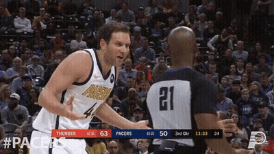 Basketball Player In Pacers Uniform Talking To Referee GIF