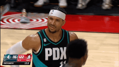 Basketball Player In PDX Jersey Talking To Another GIF