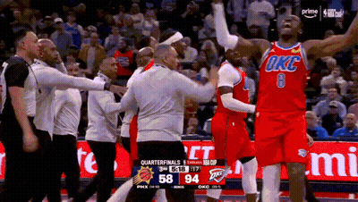 Basketball Player In Red OKC Jersey Arms Up GIF