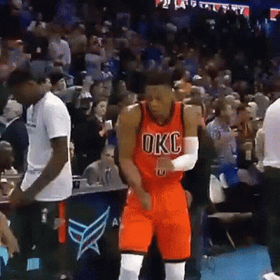 Basketball Player In Red OKC Jersey Dancing In Front Of Crowd GIF